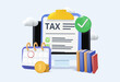 © RedVector - Taxes illustration set. Characters using tax calendar to filling tax declaration form online and with financial advisor. 3D illustration. Taxation planning concept. Vector illustration