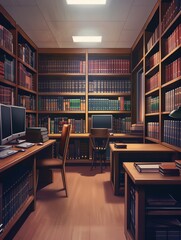 Poster - An illustration of a student library, showcasing floor-to-ceiling bookshelves, computers, and desks, ideal for learning and research. Generative AI