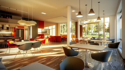 Poster - A spacious and bright student lounge with comfortable seating, dining tables, and large windows overlooking a green lawn. Generative AI