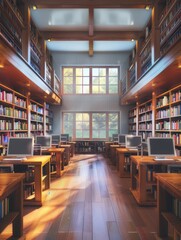 Fototapete - A modern student library with bookshelves and computers. Generative AI
