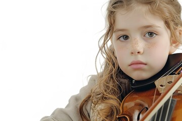 young girl with violin isolated on white background