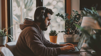 A software developer intensely focused on coding on a laptop in a coworking space