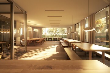 Poster - A bright and airy student lounge with a large dining area, featuring multiple tables and comfortable seating, perfect for studying, socializing, or relaxing. Generative AI