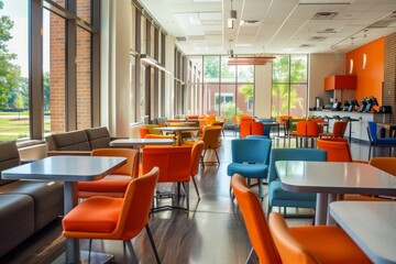 Poster - A spacious and inviting student lounge featuring modern furniture, large windows, and plenty of seating for students to relax, study, or dine together. Generative AI