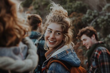 Wall Mural - Portrait of a young woman with friends in the background on a hike