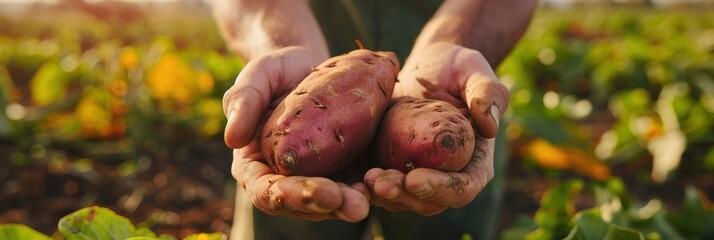 Freshly Harvested Sweet Potatoes in Farmer's Hands