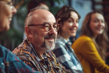 Wall Mural - Portrait of smiling senior man in eyeglasses looking at camera with his friends in background