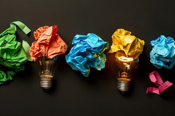 Great idea concept with crumpled colorful paper and light bulb on black background