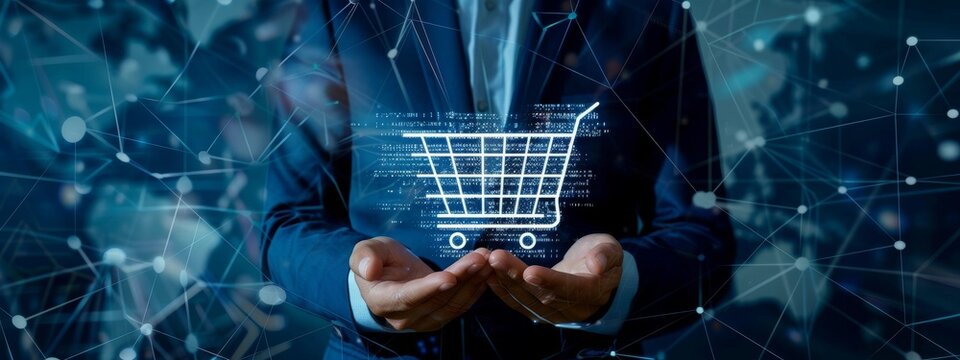 Businessman holding a digital shopping cart shopping online, shopping cart icon on screen mobile phone. purchase payment on internet. online supermarket gadget.