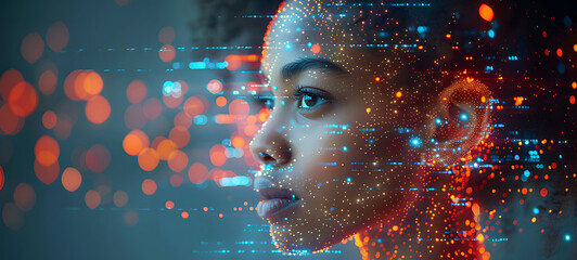 Portrait of young african american woman with digital binary code. AI cyber security threat. AI cyber security concept