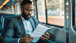 © Matthias - Businessperson commuting on train with documents and tablet