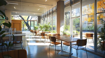 Poster - A bright and airy student lounge with comfortable seating, large windows, and views of the outdoors. Generative AI