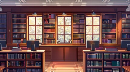 Fototapete - A bright, spacious student library with bookshelves full of books and computers for studying. Generative AI