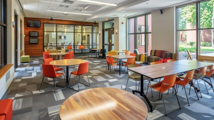 A spacious student lounge with large windows, comfortable seating, and dining tables. Perfect for studying, socializing, or taking a break. Generative AI