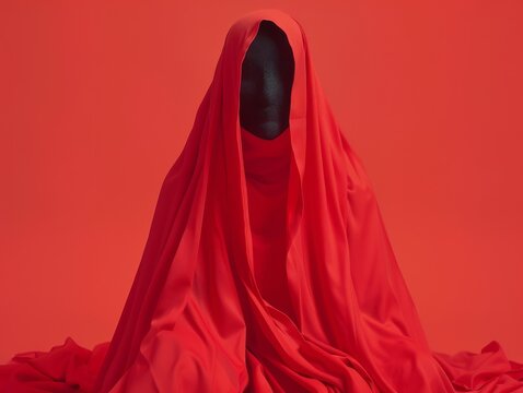 medium shot of a dark faceless figure in a scarlet robe with hoodie walks along, themed background