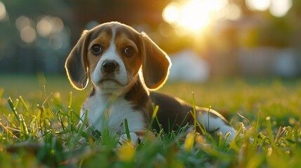 Wall Mural - Portrait of adorable beagle puppy on green grass at sunrise