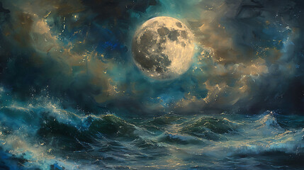 Wall Mural - a night scene with a full moon illuminating the sky above a turbulent ocean. The moon appears large and is the central source of light