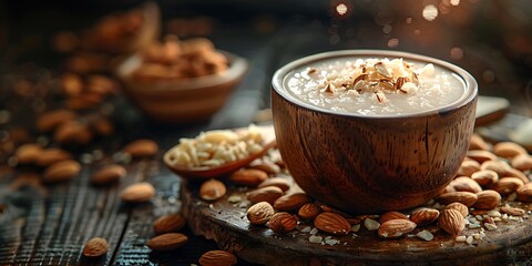 Homemade almond milk in a rustic bowl