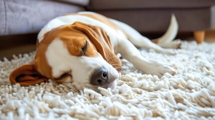 Adorable Beagle Resting on Home s White Rug