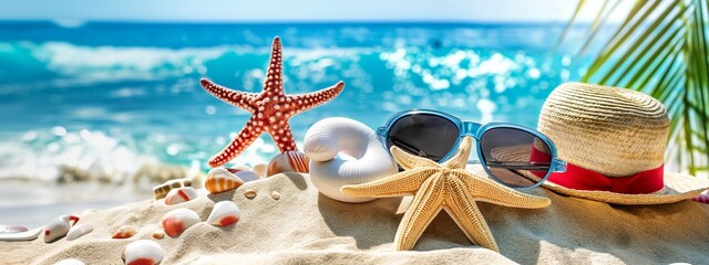 Holiday summer beach background with clear blue skies, sandy shores, and sparkling ocean waves.