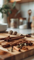 Wall Mural - Close-up of assorted baking spices on a wooden countertop, including cinnamon sticks, star anise, and cloves. Generative AI