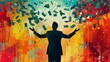 © ngstock - Silhouette of a man throwing money in a colorful background, representing success, wealth, and celebration of financial achievement.
