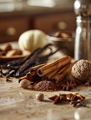 Poster - A close-up view of various baking spices, including cinnamon sticks, nutmeg, cloves, and vanilla beans, arranged on a kitchen countertop. Generative AI