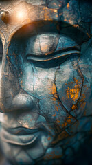 Wall Mural - Serene Buddha Face with Spiritual Sun Rays Close-Up, Buddhist Religious Tranquility, Meditative Atmosphere
