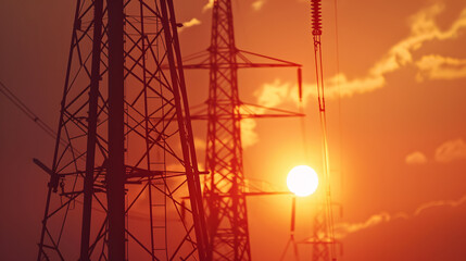 Wall Mural - panoramic - power tower and wind power plant in sunset
