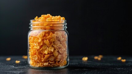 Wall Mural - Corn flakes in glass jar on black surface with black background Shot vertically