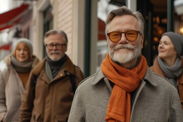 Wall Mural - Portrait of senior man with gray beard wearing sunglasses and orange scarf walking in the street