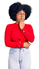 Sticker - Young african american girl wearing casual clothes and glasses bored yawning tired covering mouth with hand. restless and sleepiness.