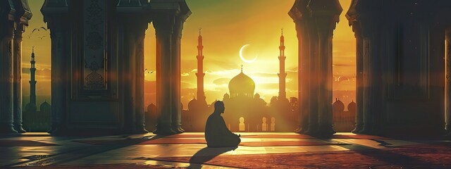 Religious muslim man praying inside the mosque. AI generated illustration