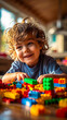 © Bartek - Joyful Child Playing with Colorful Bricks in a Sunlit Room, Embracing Creativity and Imagination during Daytime Playtime