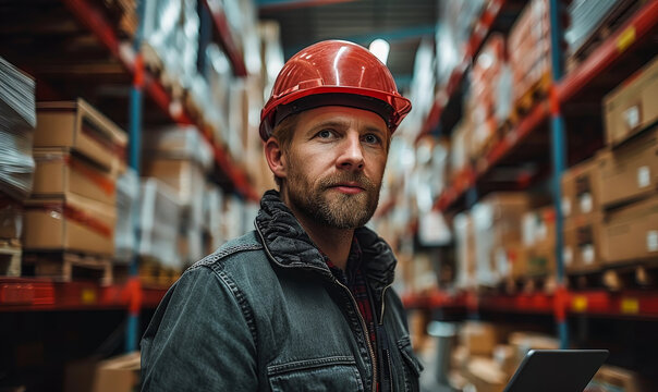 Confident Warehouse Worker with Hard Hat Holding Digital Tablet in Logistics Center Full of Shelves Stocked with Goods during Daytime, Depicting Modern Inventory Management and Efficient Distribution