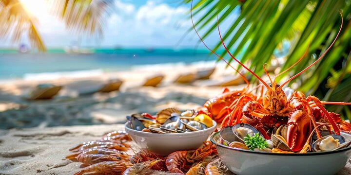  Seafood on the beach. There are fresh seafood dishes, including lobsters and various types of shellfish,
