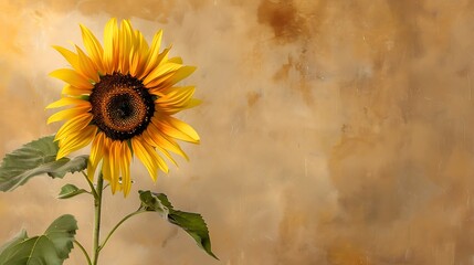 Wall Mural - A vibrant sunflower with space for text against a solid soft background.