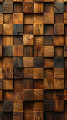 Wall Mural - 3D Timber Wood Wall Background with Soft Sheen Square Tile Blocks, Rustic Wooden Texture Wallpaper for Interiors, Brown Wood Patterns, Modern Home Decor, High-Resolution Rendered Image