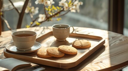 Wall Mural - Butter cookies and beverages offered on wooden trays for consumers to enjoy and relax with desserts