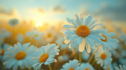 Summer Bliss: Blooming Chamomile Flowers in a Sunlit Field - A Beautiful Nature Scene for Alternative Medicine and Spring Flower Backgrounds