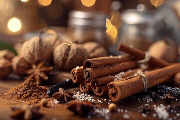 Leinwandbilder - A close-up shot of cinnamon sticks, star anise, vanilla beans, and other spices on a kitchen counter. Generative AI