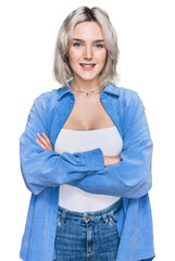 Canvas Print - Young blonde girl wearing casual clothes happy face smiling with crossed arms looking at the camera. positive person.