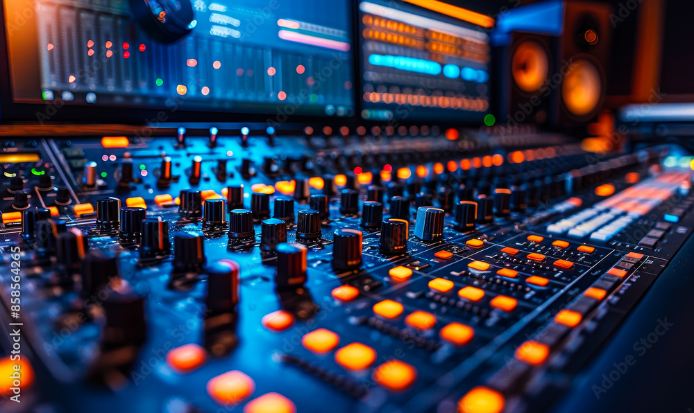 Vibrant Modern Music Record Studio Control Desk with DAW Software and ...