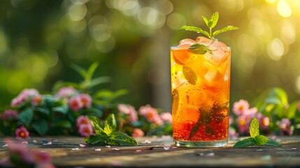 Wall Mural - Refreshing Iced Tea on Wooden Table with Blooming Flowers in Sunlit Garden