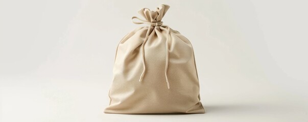 Wall Mural - Beige drawstring cloth bag on light background. Minimalist packaging concept