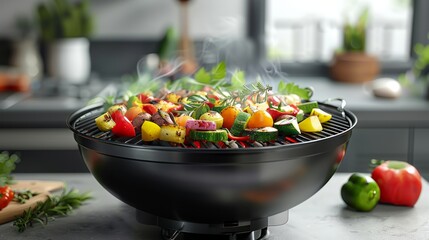 Sizzling Veggies BBQing on Charcoal Grill in Cozy Modern Kitchen