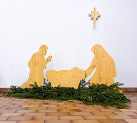 Wooden silhouette of Christmas nativity scene - cribs, birth of Jesus