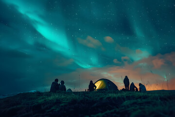 a detailed photo of a group of friends camping under the northern lights in iceland, with the night 