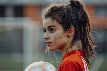 A young woman in a red jersey holds a soccer ball on a practice field