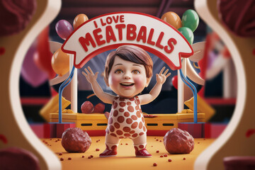 Canvas Print - A cartoon character is standing in front of a sign that says i love meatballs, AI